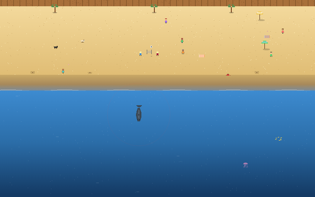 Crimson Cape: a shark fin cruises the bay below a busy pixel beach